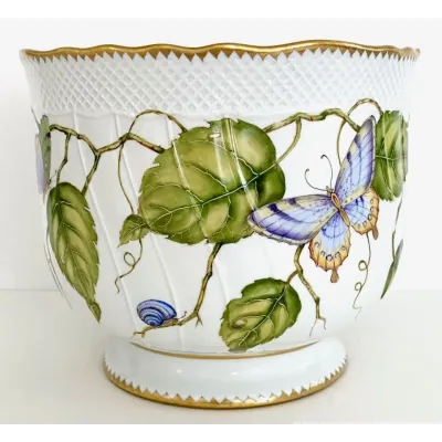 Round Cachepot Green Leaves with Blue/Yellow/Butterfly