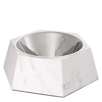 Dog Food Bowl Nice Marble Nickel Finish White