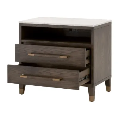 Cambria 2-Drawer Nightstand Dutch Brown Oak, Bianco Marble, Aged Brass