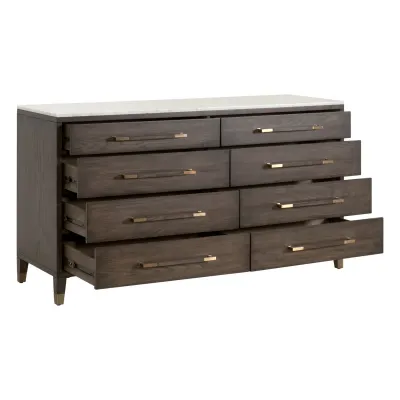 Cambria 8-Drawer Double Dresser Dutch Brown Oak, Bianco Marble, Aged Brass