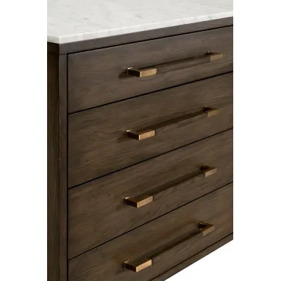 Cambria 8-Drawer Double Dresser Dutch Brown Oak, Bianco Marble, Aged Brass