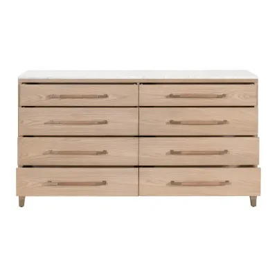 Cambria 8-Drawer Double Dresser - Natural Oak, Bianco Marble, Aged Brass