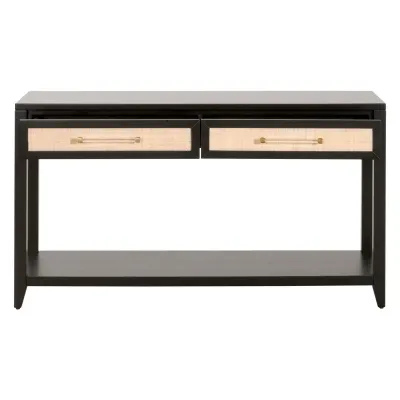 Holland 2-Drawer Console Table Brushed Black Acacia, Natural Rattan