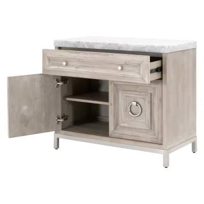 Azure Carrera Media Chest Natural Gray Acacia, White Carrera Marble, Brushed Stainless Steel