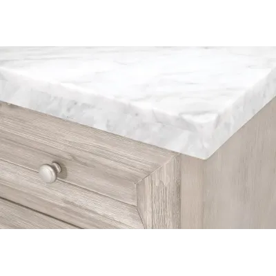 Azure Carrera Media Chest Natural Gray Acacia, White Carrera Marble, Brushed Stainless Steel