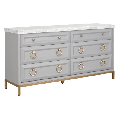 Azure Carrera 6-Drawer Double Dresser Dove Gray, White Carrera Marble, Brushed Gold