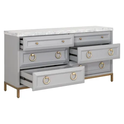 Azure Carrera 6-Drawer Double Dresser Dove Gray, White Carrera Marble, Brushed Gold