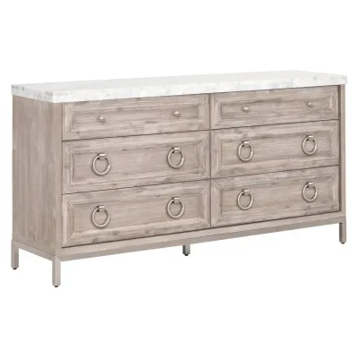 Azure Carrera 6-Drawer Double Dresser Natural Gray Acacia, White Carrera Marble, Brushed Stainless Steel