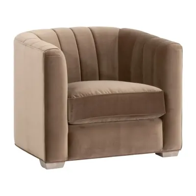 Bronx Caramel Velvet Natural Gray Oak Channel Back Sofa Chair