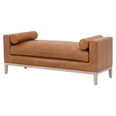 Keaton Upholstered Bench Whiskey Brown Top Grain Leather, Natural Gray Oak