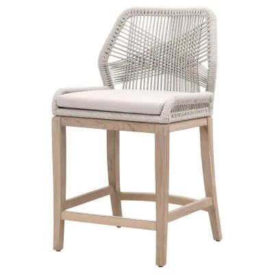 Loom Outdoor Counter Stool Taupe & White Flat Rope, Performance Pumice, Gray Teak Indoor/Outdoor