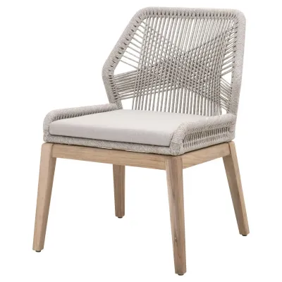 Loom Outdoor Dining Chair, Set of 2 Taupe & White Flat Rope, Performance Pumice, Gray Teak Indoor/Outdoor