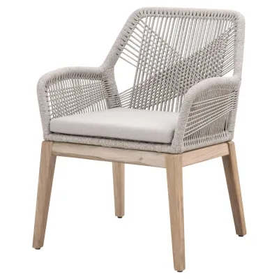 Loom Outdoor Arm Chair, Set of 2 Taupe & White Flat Rope, Performance Pumice, Gray Teak Indoor/Outdoor