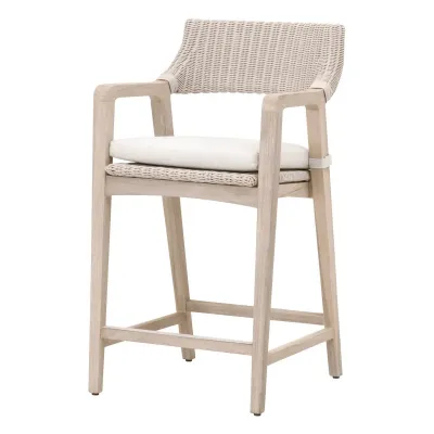 Lucia Outdoor Counter Stool Pure White Synthetic Wicker, Performance White Speckle, Gray Teak Indoor/Outdoor