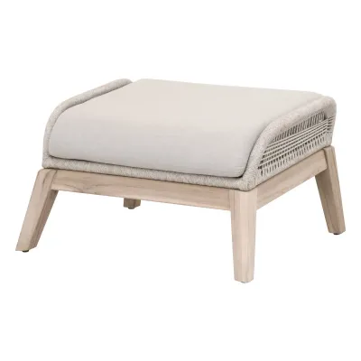 Loom Outdoor Footstool Taupe & White Flat Rope, Performance Pumice, Gray Teak Indoor/Outdoor