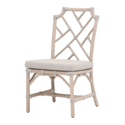 Bayview Taupe & White Flat Rope Performance Pumice Washed Ever Teak Outdoor Dining Chair Set of 2