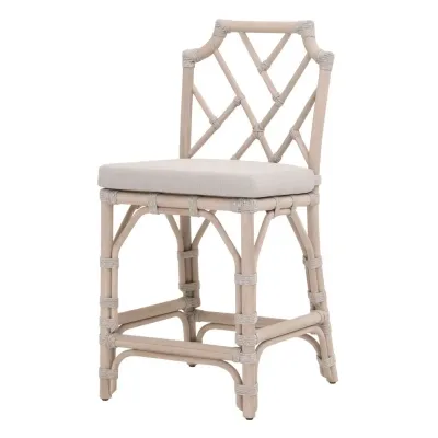 Bayview Taupe & White Flat Rope Performance Pumice Washed Ever Teak Outdoor Counter Stool