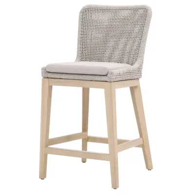 Mesh Outdoor Counter Stool Taupe & White Flat Rope, Gray Teak, Performance Pumice Indoor/Outdoor