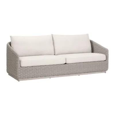Caspian Taupe Oval Rope Performance Ecru Weave Washed Ever Teak Outdoor Sofa 89"