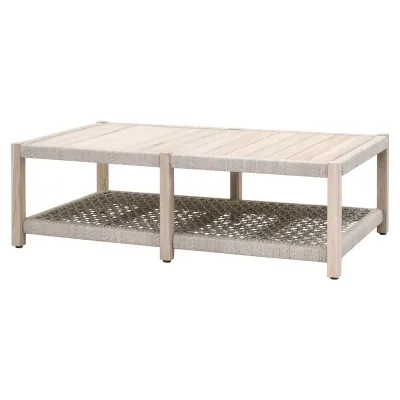 Wrap Outdoor Coffee Table Taupe & White Flat Rope, Gray Teak