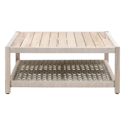 Wrap Outdoor Square Coffee Table Taupe & White Flat Rope, Gray Teak Indoor/Outdoor