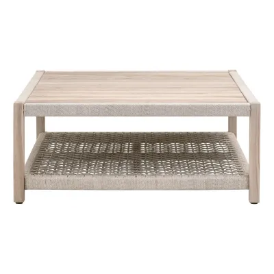 Wrap Outdoor Square Coffee Table Taupe & White Flat Rope, Gray Teak Indoor/Outdoor