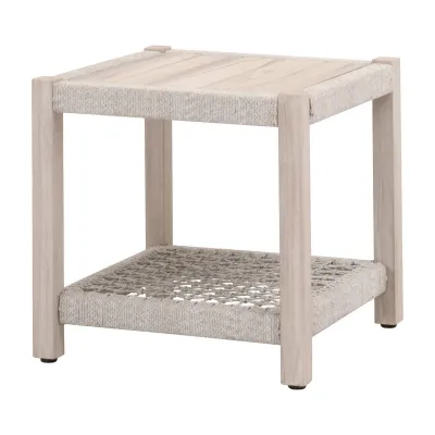 Wrap Outdoor End Table Taupe & White Flat Rope, Gray Teak Indoor/Outdoor