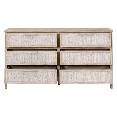 Malay 6-Drawer Double Dresser White Wash Abaca Rope, Natural Gray Mahogany