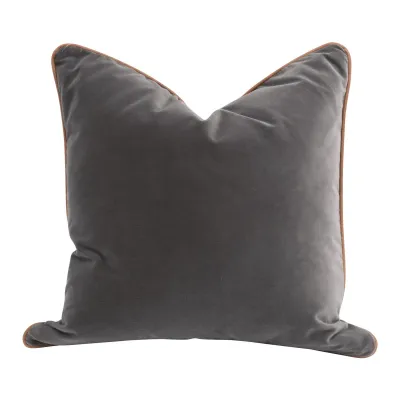 The Not So Basic 20" Essential Pillow, Set of 2 Dark Dove Velvet, Whiskey Brown Top Grain Leather Piping