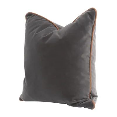 The Not So Basic 20" Essential Pillow, Set of 2 Dark Dove Velvet, Whiskey Brown Top Grain Leather Piping