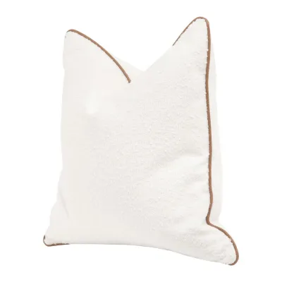 The Not So Basic 22" Essential Pillow, Set of 2 Performance Boucle Snow, Whiskey Brown Top Grain Leather Piping