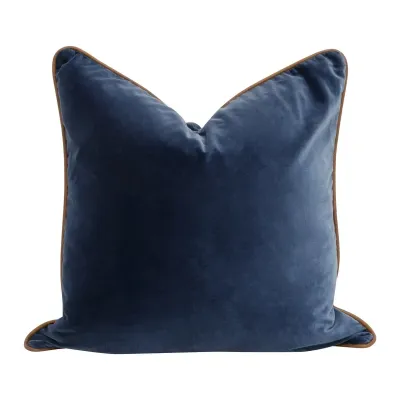 The Not So Basic 22" Essential Pillow, Set of 2 - Denim Velvet, Whiskey Brown Top Grain Leather Piping