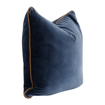 The Not So Basic 22" Essential Pillow, Set of 2 - Denim Velvet, Whiskey Brown Top Grain Leather Piping