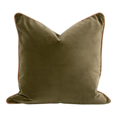 The Not So Basic Olive Velvet, Whiskey Brown Top Grain Leather Piping Essential Pillow 22" Set of 2