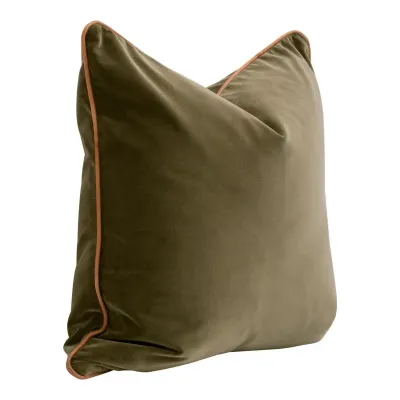 The Not So Basic Olive Velvet, Whiskey Brown Top Grain Leather Piping Essential Pillow 22" Set of 2