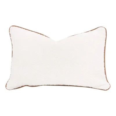 The Not So Basic 20" Essential Lumbar Pillow, Set of 2 Performance Boucle Snow, Whiskey Brown Top Grain Leather Piping