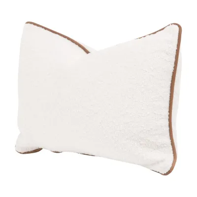 The Not So Basic 20" Essential Lumbar Pillow, Set of 2 Performance Boucle Snow, Whiskey Brown Top Grain Leather Piping