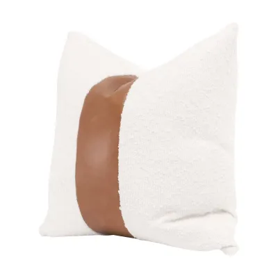 The Split Decision 20" Essential Pillow, Set of 2 Performance Boucle Snow, Whiskey Brown Top Grain Leather Stripe