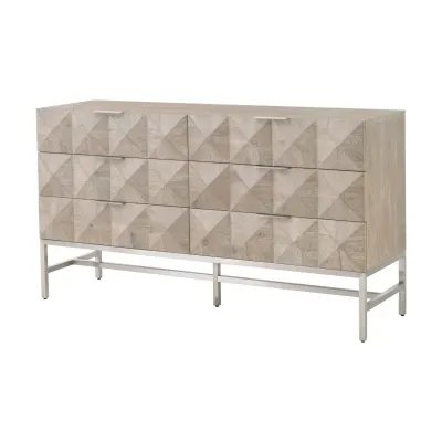 Atlas 6-Drawer Double Dresser Natural Gray Acacia, Brushed Stainless Steel
