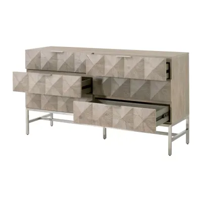Atlas 6-Drawer Double Dresser Natural Gray Acacia, Brushed Stainless Steel