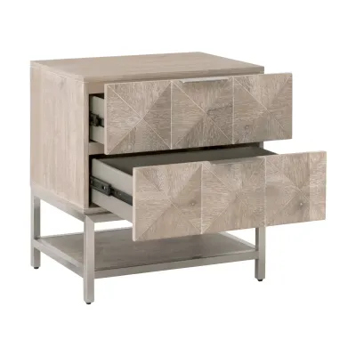 Atlas 2-Drawer Nightstand Natural Gray Acacia, Brushed Stainless Steel
