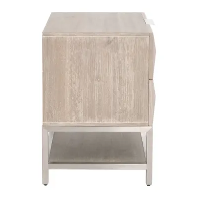 Atlas 2-Drawer Nightstand Natural Gray Acacia, Brushed Stainless Steel