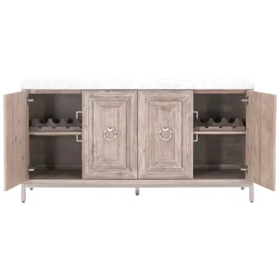 Azure Carrera Media Sideboard White Carrera Marble, Natural Gray Acacia, Brushed Stainless Steel
