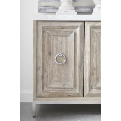 Azure Carrera Media Sideboard White Carrera Marble, Natural Gray Acacia, Brushed Stainless Steel