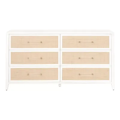 Holland 6-Drawer Double Dresser Matte White, Natural Rattan