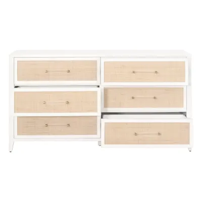 Holland 6-Drawer Double Dresser Matte White, Natural Rattan