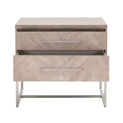 Mosaic 2-Drawer Nightstand Natural Gray Acacia, Brushed Stainless Steel