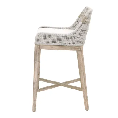 Tapestry Barstool Taupe & White Flat Rope, Taupe Stripe, Performance Pumice, Natural Gray Mahogany