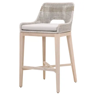 Tapestry Outdoor Barstool Taupe & White Flat Rope, Taupe Stripe, Performance Pumice, Gray Teak Indoor/Outdoor