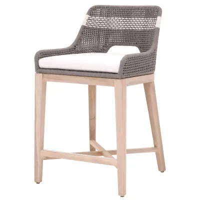 Tapestry Outdoor Counter Stool Dove Flat Rope, White Speckle Stripe, Performance White Speckle, Gray Teak